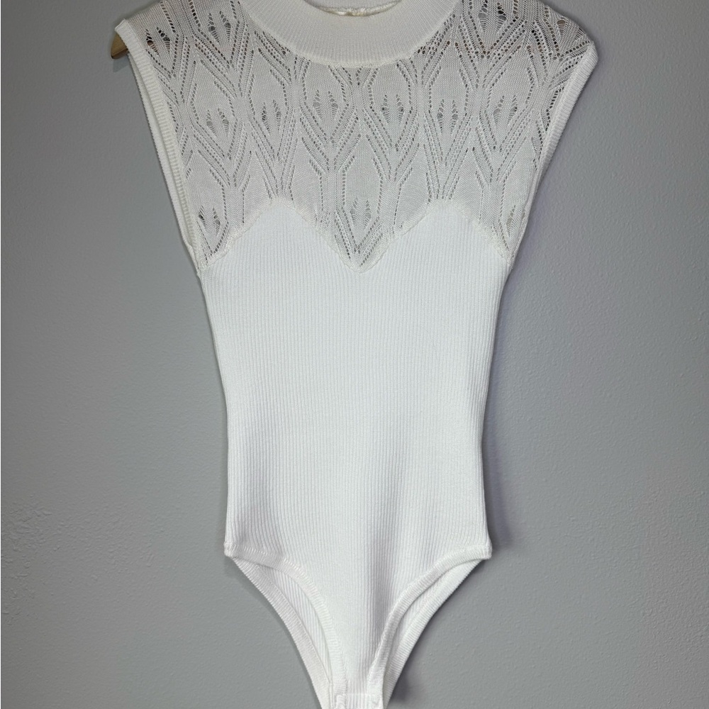 White Sleeveless Bodysuit with Lace Detail